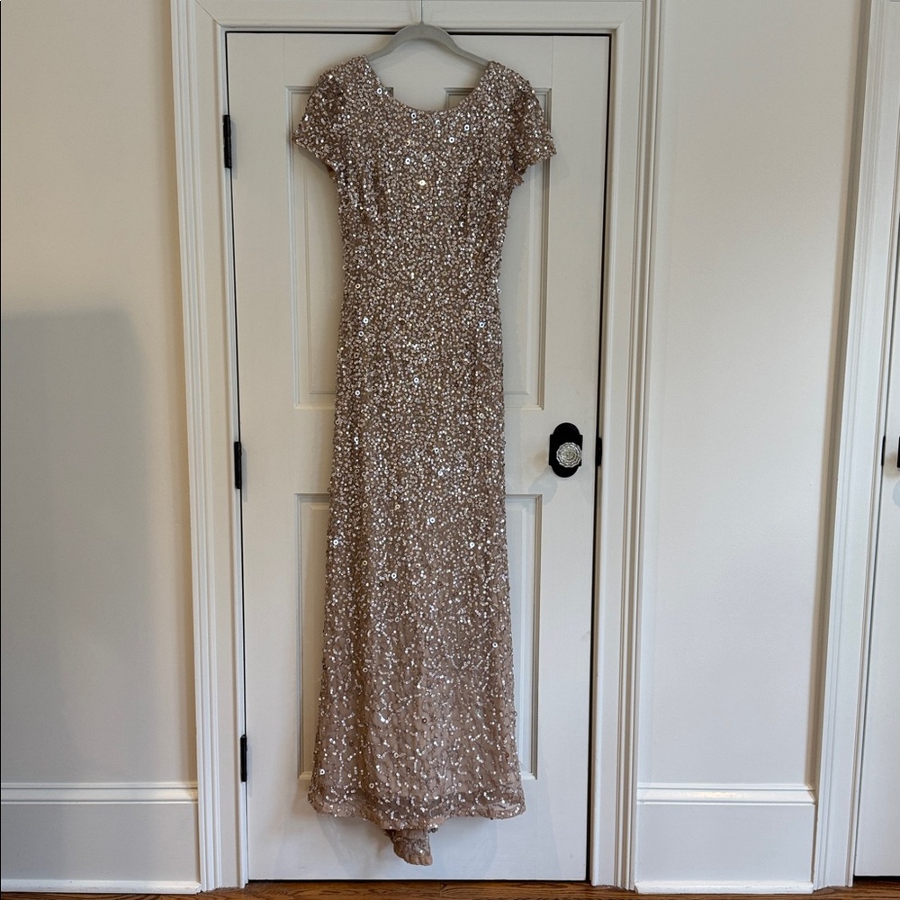 Adrianna Papell | Champagne Sequin Beaded Bustle Back Evening Formal Gown | 2